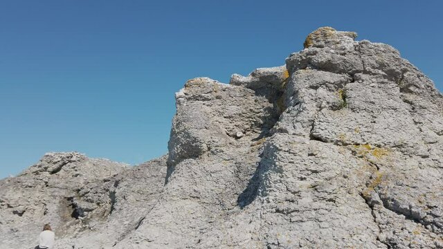 Rauk landscape in sunny day. Gotland. Pan tilt up