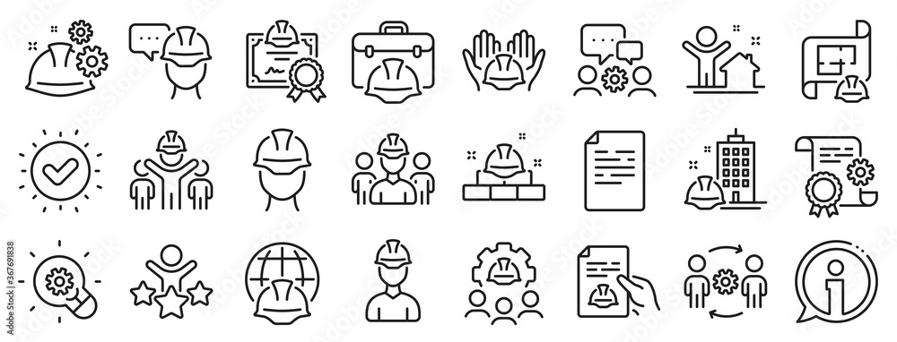 Poster teamwork, people and technical documentation. engineering line icons. blueprint with gear, engineer 