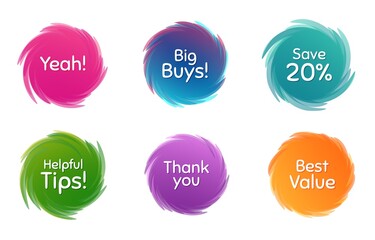 Swirl motion circles. Best value, 20% discount and helpful tips. Thank you phrase. Sale shopping text. Twisting bubbles with phrases. Spiral texting boxes. Big buys slogan. Vector