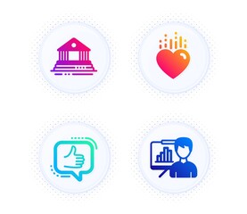 Court building, Like and Heart icons simple set. Button with halftone dots. Presentation board sign. Government house, Thumbs up, Love. Growth chart. Business set. Vector