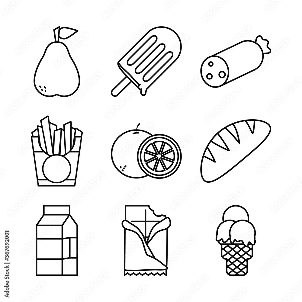 Poster food line style icon set vector design