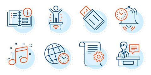 Usb flash, Instruction info and Winner podium signs. Musical note, Time management and Time zone line icons set. Technical documentation, Exhibitors symbols. Music, Alarm clock. Vector