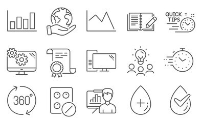 Set of Science icons, such as Presentation board, Settings. Diploma, ideas, save planet. Oil serum, Dermatologically tested, 360 degrees. Quick tips, Timer, Medical tablet. Vector