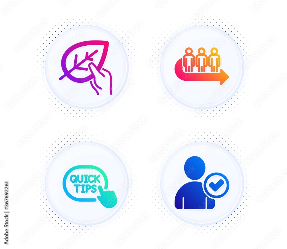 Poster queue, quick tips and organic tested icons simple set. button with halftone dots. identity confirmed