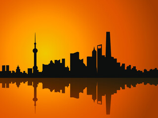 vector illustration Shanghai China city skyline at sunset buildings panorama