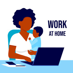 Naklejka premium Mother african american black with child working laptop at home. Working on maternity leave with baby in her arms. Combining motherhood and career. Vector flat illustration