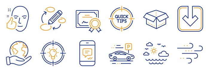 Set of Business icons, such as Idea, Load document. Certificate, save planet. Windy weather, Open box, Travel sea. Car parking, Keywords, Message. Tips, Healthy face line icons. Vector