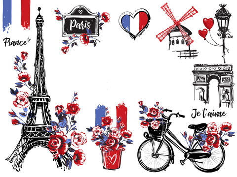 Paris vintage watercolor illustration card template. France capital romantic illustration in beautiful style. Vector sketches set on white background