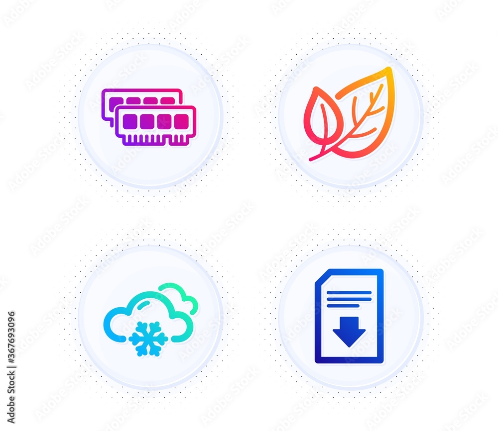 Poster leaf, snow weather and ram icons simple set. button with halftone dots. download file sign. ecology,