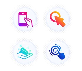 Click here, Hold smartphone and Skin care icons simple set. Button with halftone dots. Seo target sign. Push button, Phone call, Hand cream. Click aim. Business set. Vector