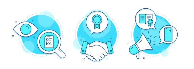 Report document, Reward and Diploma line icons set. Handshake deal, research and promotion complex icons. Smartphone sign. Statistics file, Best medal, Document with badge. Phone. Business set. Vector