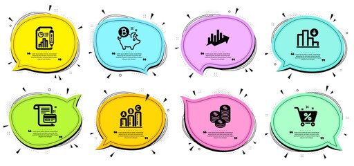 Decreasing graph, Payment card and Graph chart signs. Chat bubbles with quotes. Coins, Growth chart and Report document line icons set. Loan percent, Bitcoin coin symbols. Vector