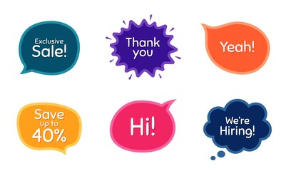 Exclusive sale, 40% discount and hiring. Colorful chat bubbles. Thank you phrase. Sale shopping text. Chat messages with phrases. Texting thought bubbles. Vector