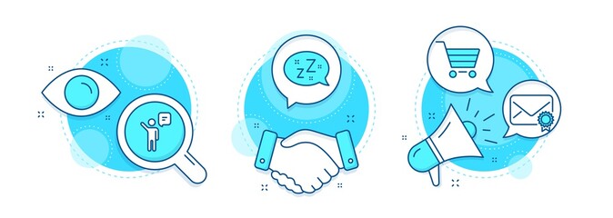Agent, Market sale and Verified mail line icons set. Handshake deal, research and promotion complex icons. Sleep sign. Business person, Customer buying, Confirmed e-mail. Zzz bubble. Vector