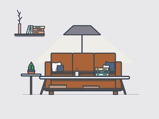 Living room interior illustration. Sofa, coffee table and a lamp.  Simple minimal furniture vector design. 