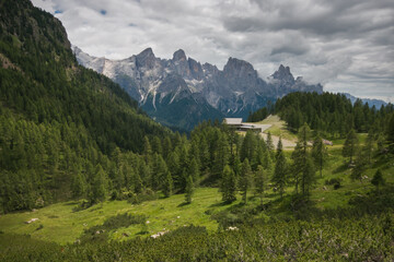 Summer view of Pale di San Martino dolomites in Trentino, Italy