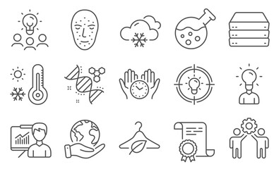 Set of Science icons, such as Chemistry lab, Weather thermometer. Diploma, ideas, save planet. Safe time, Slow fashion, Servers. Snow weather, Face biometrics, Idea. Vector