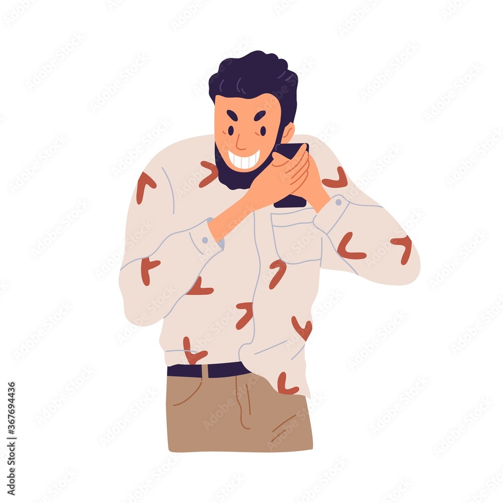 Aufkleber cheerful bearded guy laugh listening funny message on smartphone vector flat illustration. smiling, 