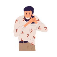 Cheerful bearded guy laugh listening funny message on smartphone vector flat illustration. Smiling, chuckling man hold mobile phone isolated on white. Positive emotions using digital device