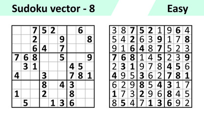 Sudoku game with answers. Simple vector design set Sudoku. Blank template. Complexity of the task is easy.
