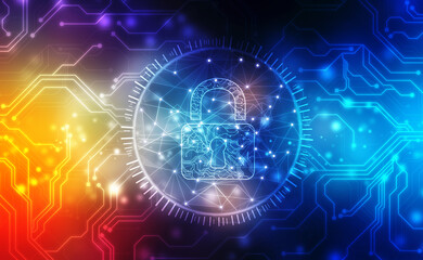 Closed Padlock on digital background, Technology security concept. Modern safety digital background. Lock Protection system, Cyber Security and information or network protection
