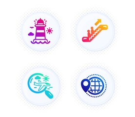 Search flight, Lighthouse and Escalator icons simple set. Button with halftone dots. World travel sign. Airplane trip, Beacon tower, Elevator. Map pointer. Transportation set. Vector