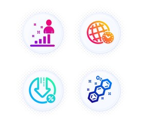 Stats, Loan percent and Time zone icons simple set. Button with halftone dots. Chemical formula sign. Business analysis, Decrease rate, World clock. Chemistry. Technology set. Vector
