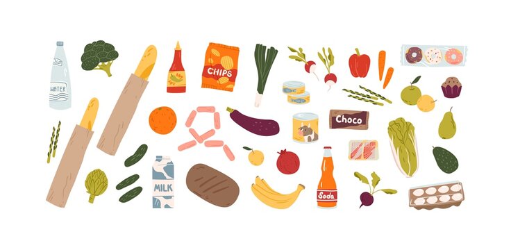 Set of different grocery food and drink products vector flat illustration. Collection of various fruit, vegetables, beverage, snack, and can isolated on white. Healthy and unhealthy meal