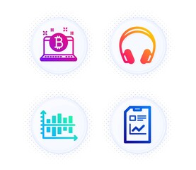 Diagram chart, Headphones and Bitcoin icons simple set. Button with halftone dots. Report document sign. Presentation graph, Music listening device, Cryptocurrency laptop. Statistics file. Vector