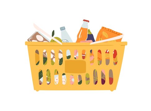 Plastic grocery cart with handles full of products vector flat illustration. Shopping basket with food, drink, bottle, fruit and vegetable isolated on white. Equipment from self-service shop