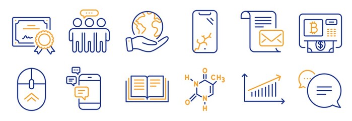Set of Technology icons, such as Chart, Smartphone broken. Certificate, save planet. Employees group, Communication, Chemical formula. Text message, Education, Bitcoin atm. Vector