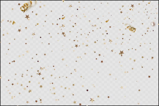 Golden confetti and ribbons on a transparent background, falling party decorations