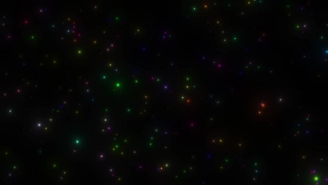 Multi-colored fireflies appear and fade against a dark background.
