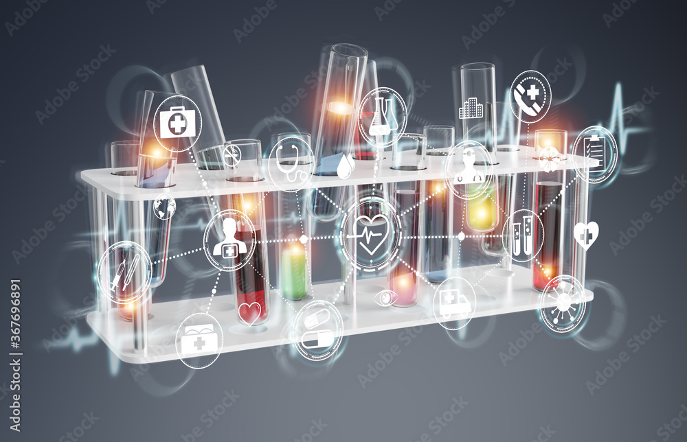 Aufkleber medical analysis in tubes samples on grey background 3d rendering