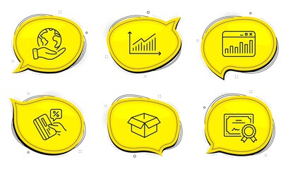 Marketing statistics sign. Diploma certificate, save planet chat bubbles. Graph, Credit card and Opened box line icons set. Presentation diagram, Loan percent, Shipping parcel. Web analytics. Vector