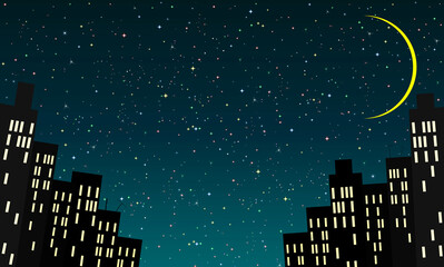 City houses night starry sky.Cartoon city against the background of the night starry sky and the moon 