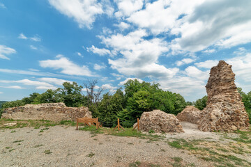 Fototapeta na wymiar Vrdnik, Serbia-July 15, 2020: Vrdnik Tower (serbian: Vrdnicka kula) is a ruined medievil tower on Fruska Gora.