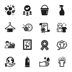 Set of Cleaning icons, such as Clean towel, Dry t-shirt. Certificate, approved group, save planet. Spray, Window cleaning, Bucket. Clean bubbles, Rubber gloves, T-shirt. Vector