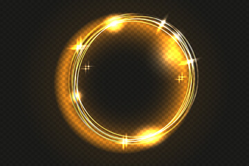 Abstract luxury gold ring on a transparent background. Vector light circles spotlight light effect. Golden color round frame