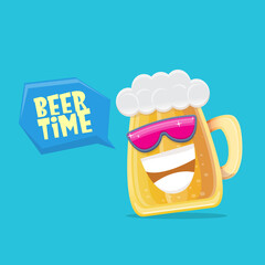 vector cartoon funky beer glass character with sunglasses isolated on blue background. Vector funny beer label or poster design template. International beer day cartoon comic poster or greeting banner