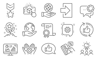 Set of Technology icons, such as Credit card, Winner medal. Diploma, ideas, save planet. Login, Augmented reality, Employee hand. Analytics graph, Feedback, Cogwheel. Vector