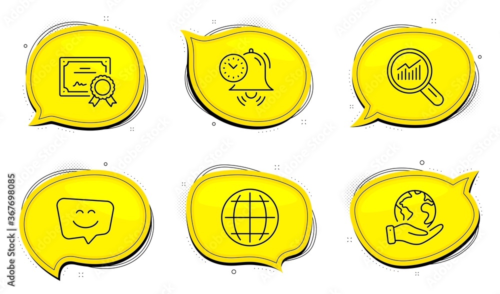 Poster time management sign. diploma certificate, save planet chat bubbles. data analysis, globe and smile 