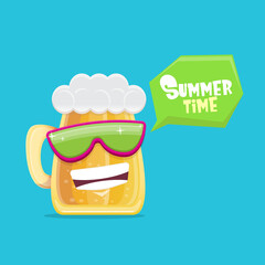 vector cartoon funky beer glass character with sunglasses isolated on blue background. Vector funny beer label or poster design template. International beer day cartoon comic poster or greeting banner