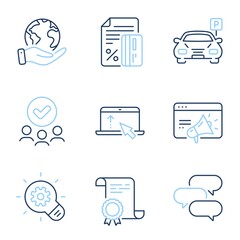 Talk bubble, Parking and Swipe up line icons set. Diploma certificate, save planet, group of people. Credit card, Cogwheel and Seo marketing signs. Chat message, Car park, Scroll screen. Vector