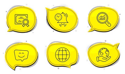 Time management sign. Diploma certificate, save planet chat bubbles. Data analysis, Globe and Smile face line icons set. Magnifying glass, Internet world, Chat. Alarm clock. Technology set. Vector