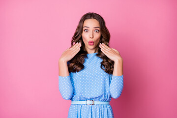 Portrait of her she nice-looking attractive lovely pretty cheery amazed wavy-haired lady great news sale discount black Friday pout lips isolated over pink pastel color background