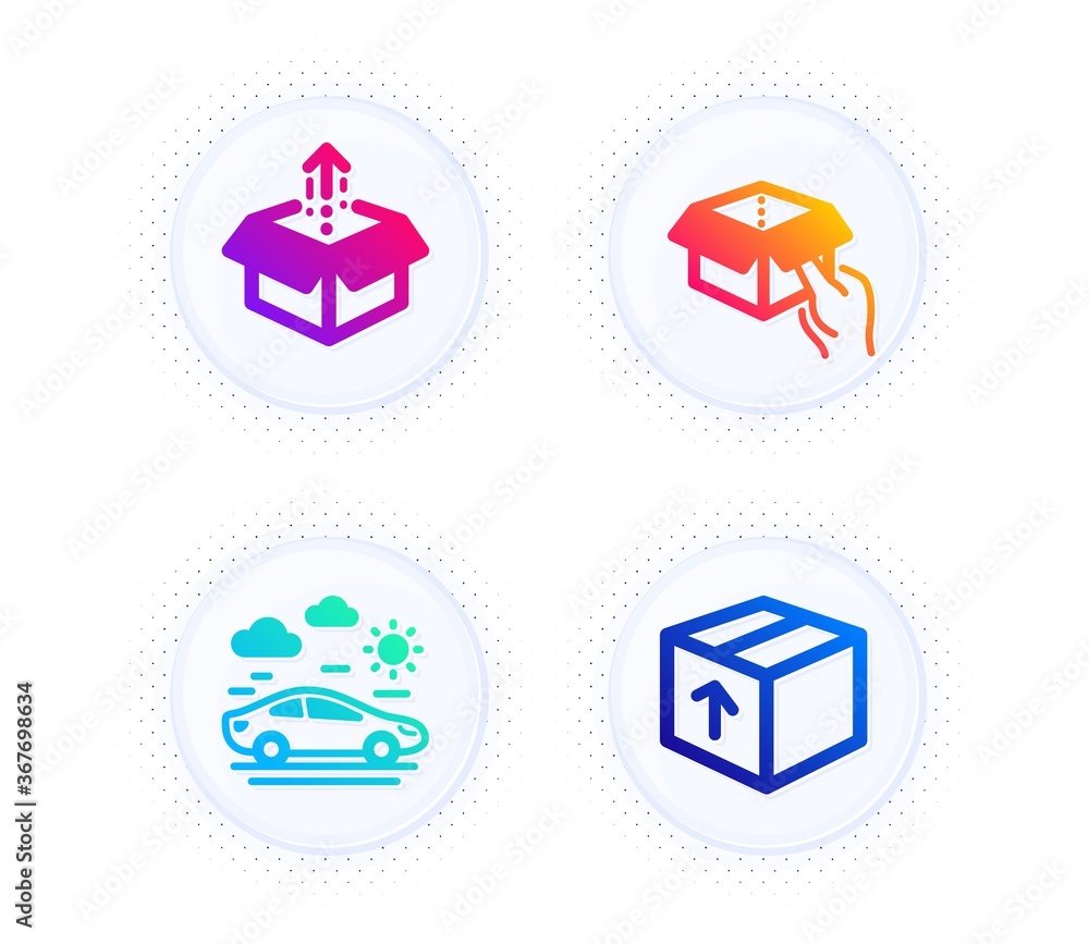 Poster car travel, send box and hold box icons simple set. button with halftone dots. package sign. transpo