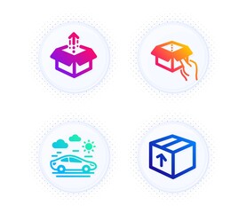 Car travel, Send box and Hold box icons simple set. Button with halftone dots. Package sign. Transport, Delivery package, Delivery parcel. Transportation set. Gradient flat car travel icon. Vector