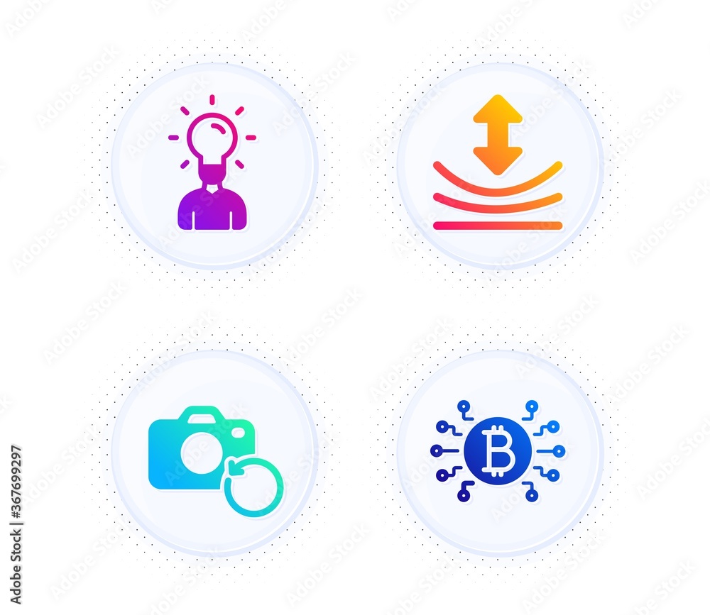 Poster resilience, recovery photo and education icons simple set. button with halftone dots. bitcoin system