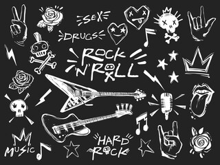 Rock n roll elements collection. Vector hard rock doodle illustrations, signs, objects, symbols. Cartoon rock star icon for music band, concert, party. Isolated on Black background - obrazy, fototapety, plakaty